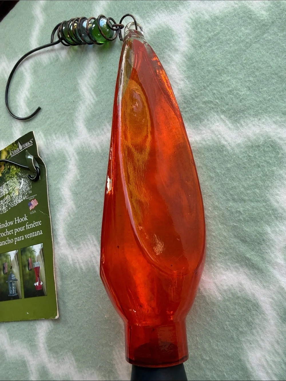 Orange Glass Decorative Window Hummingbird Feeder with Cedar Hook